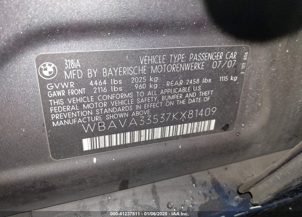 2007 BMW 328I VIN: WBAVA33537KX81409