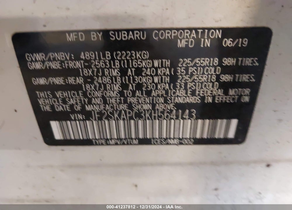 2019 SUBARU FORESTER SPORT VIN: JF2SKAPC3KH564143