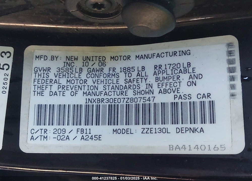 2007 TOYOTA COROLLA LE VIN: 1NXBR30E07Z807547