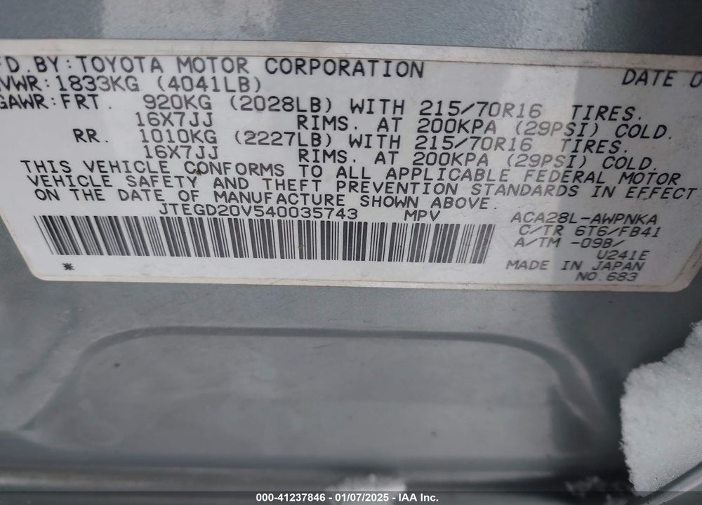 2004 TOYOTA RAV4 VIN: JTEGD20V540035743