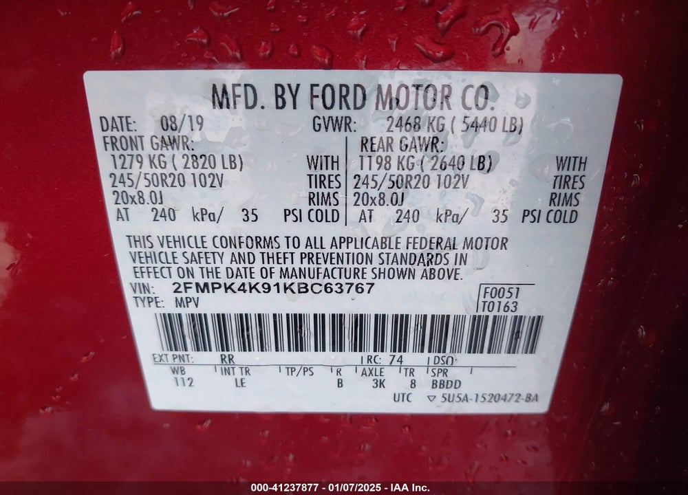2019 FORD EDGE TITANIUM VIN: 2FMPK4K91KBC63767