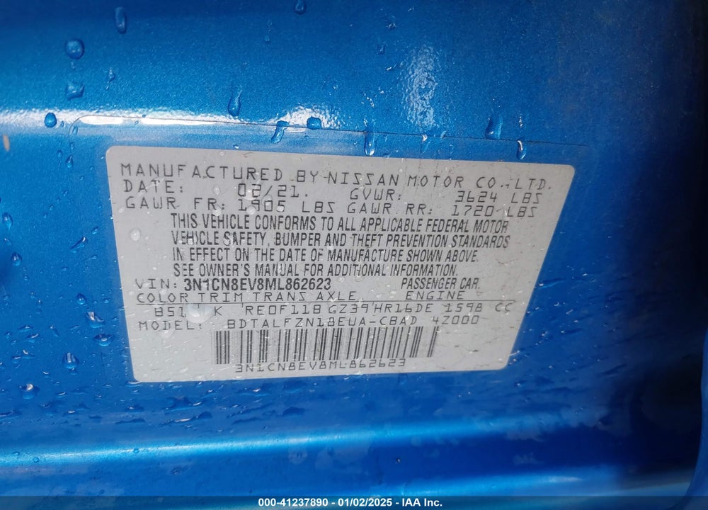 2021 NISSAN VERSA SV XTRONIC CVT VIN: 3N1CN8EV8ML862623