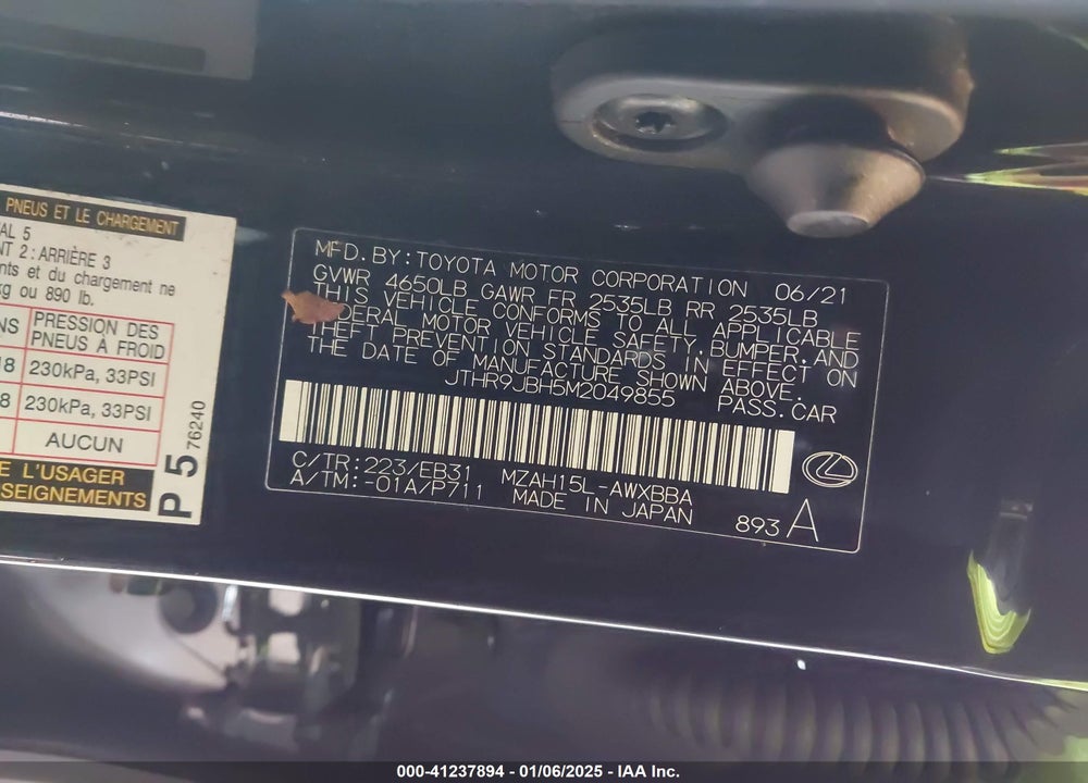 2021 LEXUS UX 250H VIN: JTHR9JBH5M2049855