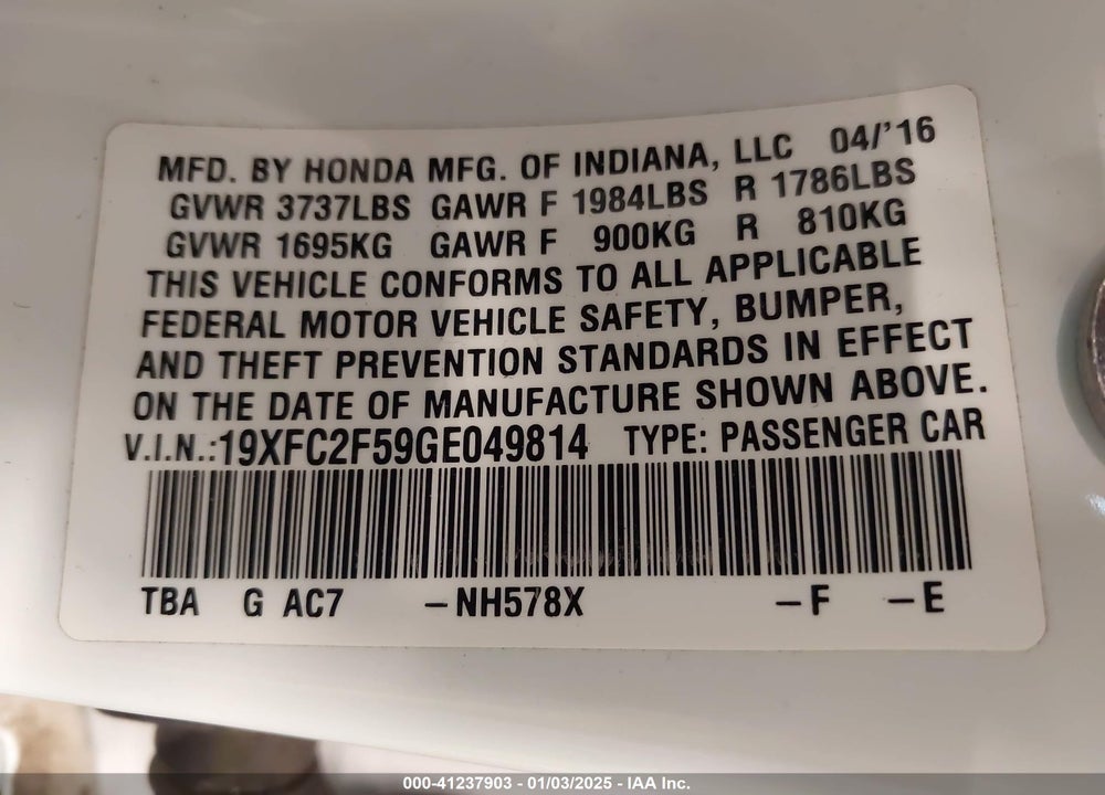 2016 HONDA CIVIC VIN: 19XFC2F59GE049814