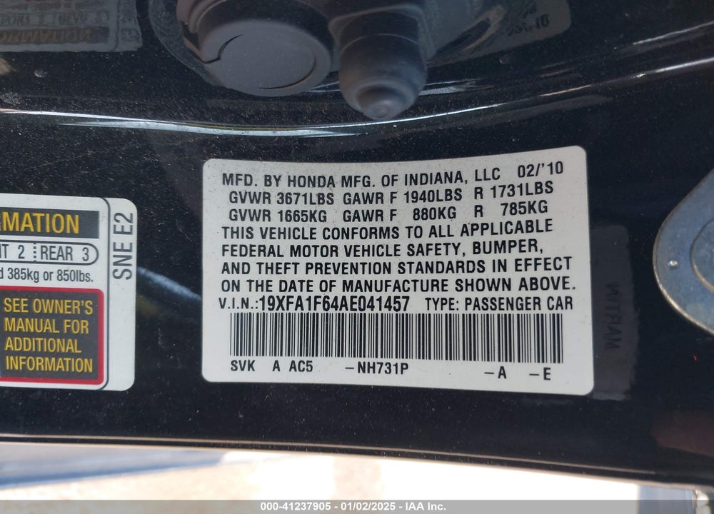 2010 HONDA CIVIC LX-S VIN: 19XFA1F64AE041457