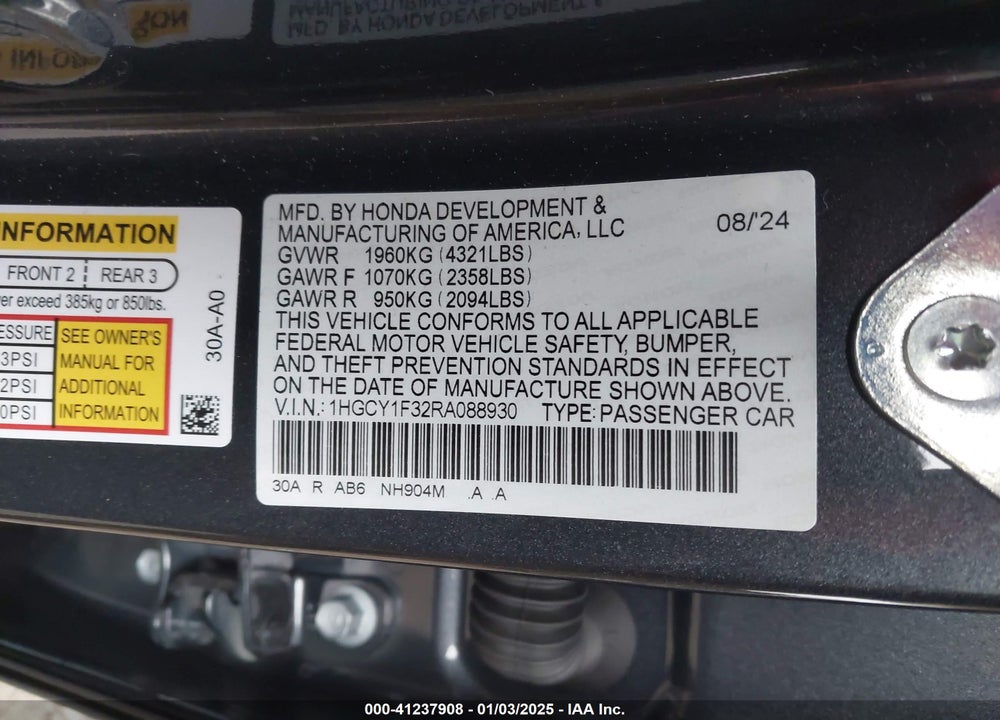 2024 HONDA ACCORD EX VIN: 1HGCY1F32RA088930