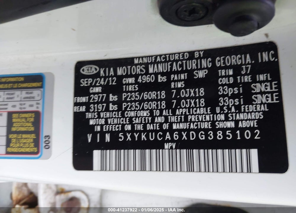 2013 KIA SORENTO VIN: 5XYKUCA6XDG385102