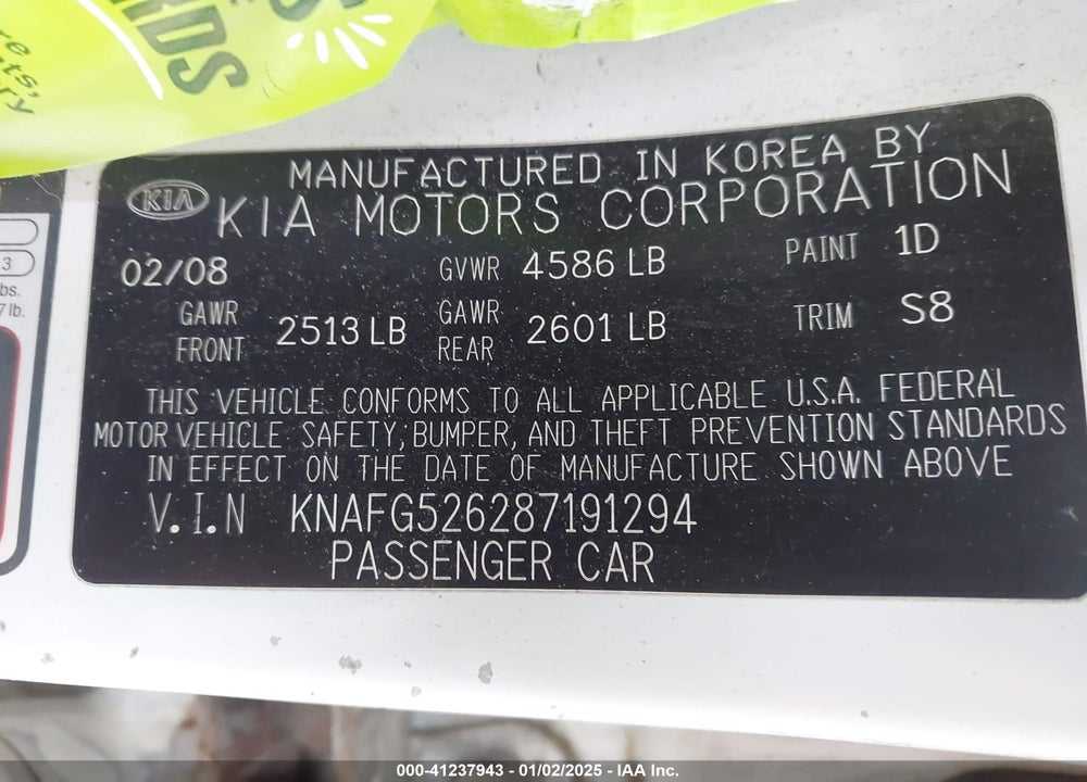2008 KIA RONDO VIN: KNAFG526287191294