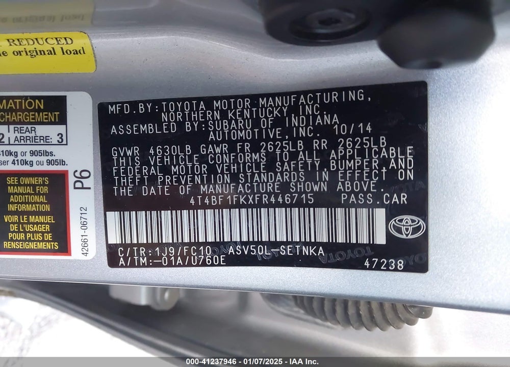 2015 TOYOTA CAMRY LE VIN: 4T4BF1FKXFR446715