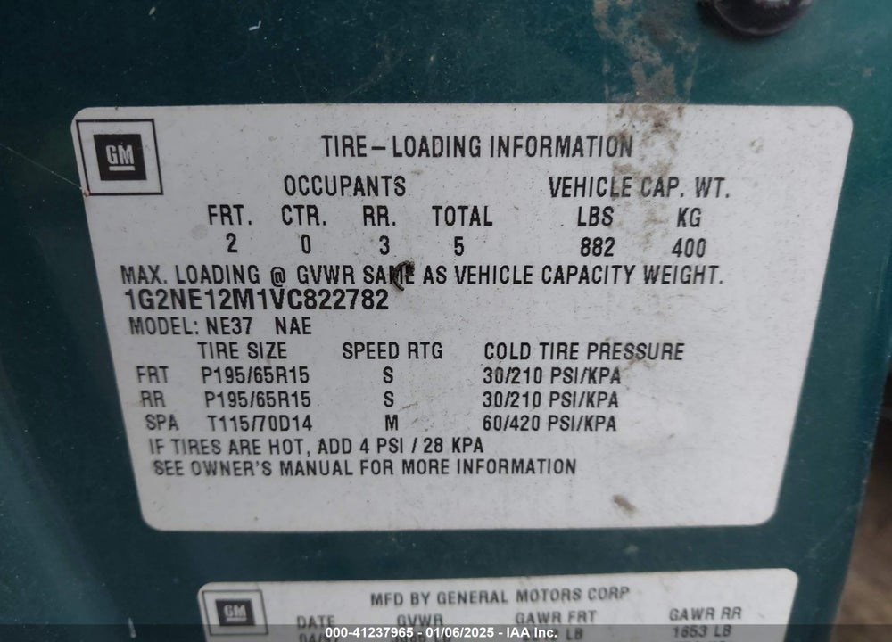 1997 PONTIAC GRAND AM SE VIN: 1G2NE12M1VC822782