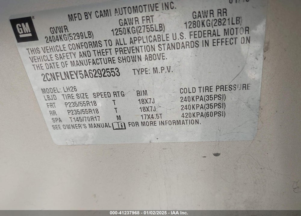 2010 CHEVROLET EQUINOX LT VIN: 2CNFLNEY5A6292553