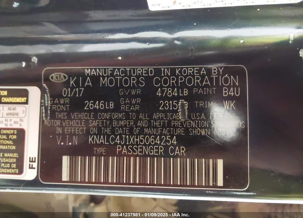 2017 KIA CADENZA VIN: KNALC4J1XH5064254