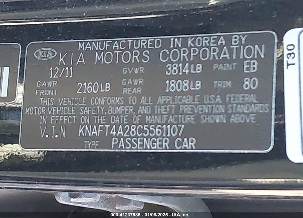 2012 KIA FORTE LX VIN: KNAFT4A28C5561107