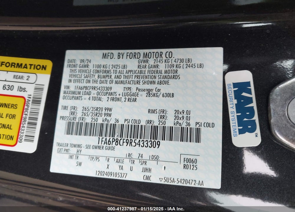2024 FORD MUSTANG VIN: 1FA6P8CF9R5433309