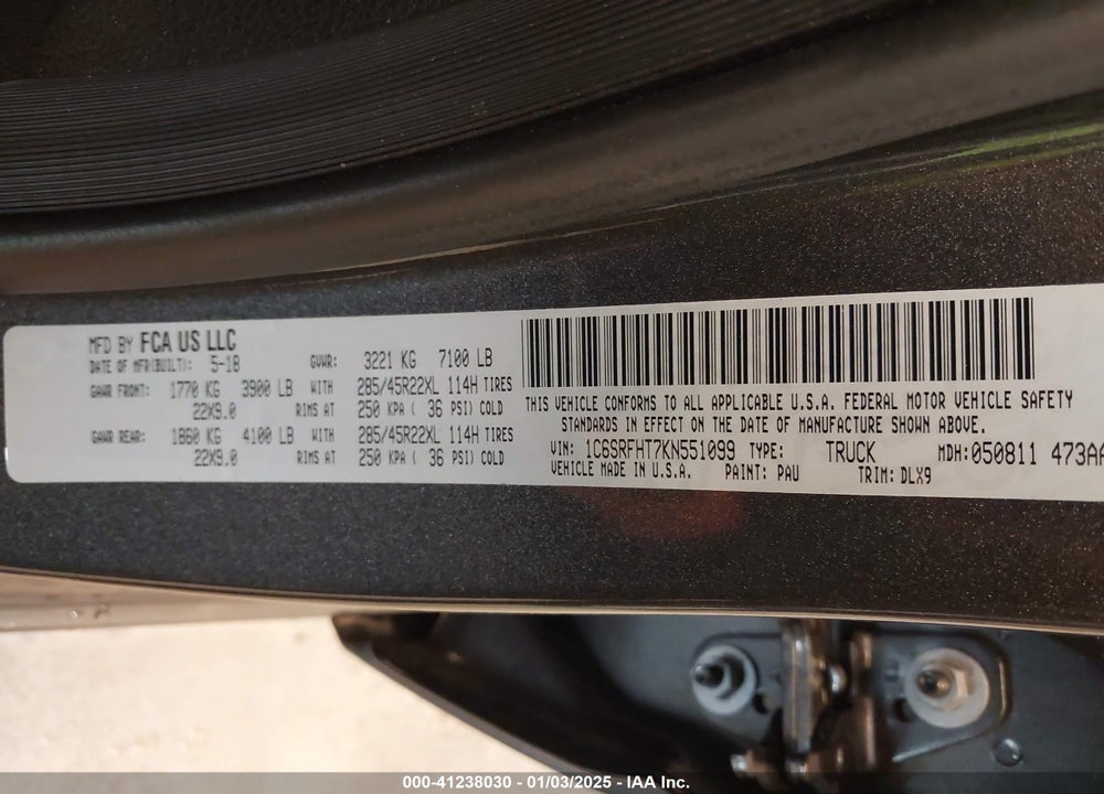 2019 RAM 1500 VIN: 1C6SRFHT7KN551099