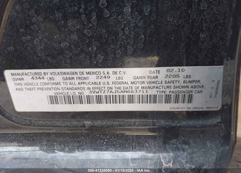 2010 VOLKSWAGEN JETTA VIN: 3VWTZ7AJ5AM663711