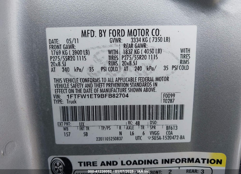 2011 FORD F-150 FX4 VIN: 1FTFW1ET9BFB82704