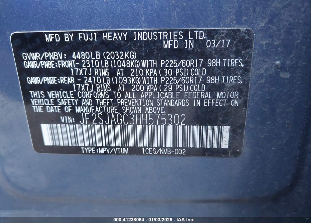 2017 SUBARU FORESTER 2.5I PREMIUM VIN: JF2SJAGC3HH575302