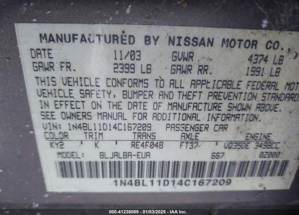 2004 NISSAN ALTIMA 3.5 SE VIN: 1N4BL11D14C167209