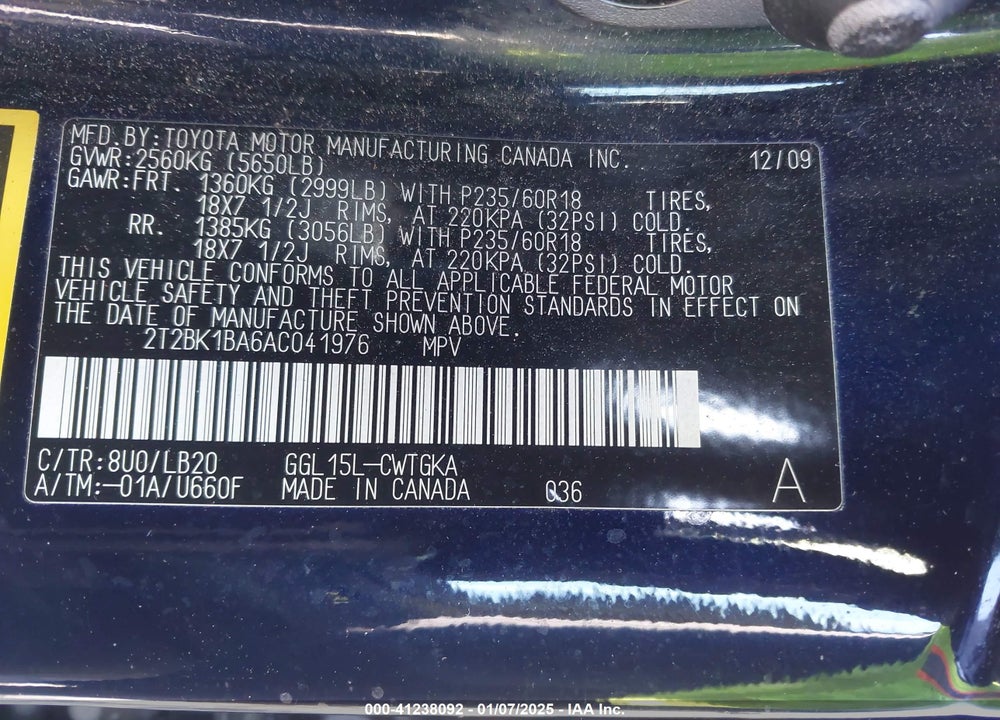 2010 LEXUS RX VIN: 2T2BK1BA6AC041976