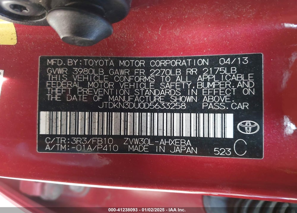 2013 TOYOTA PRIUS THREE VIN: JTDKN3DU0D5633258