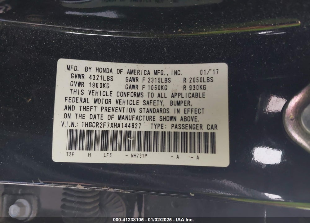 2017 HONDA ACCORD EX VIN: 1HGCR2F7XHA144827