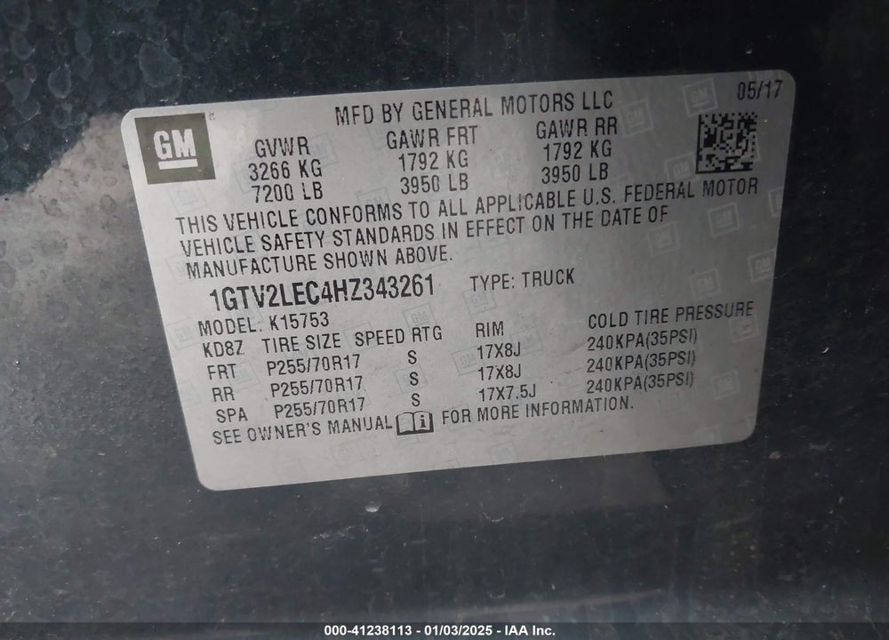 2017 GMC SIERRA 1500 VIN: 1GTV2LEC4HZ343261