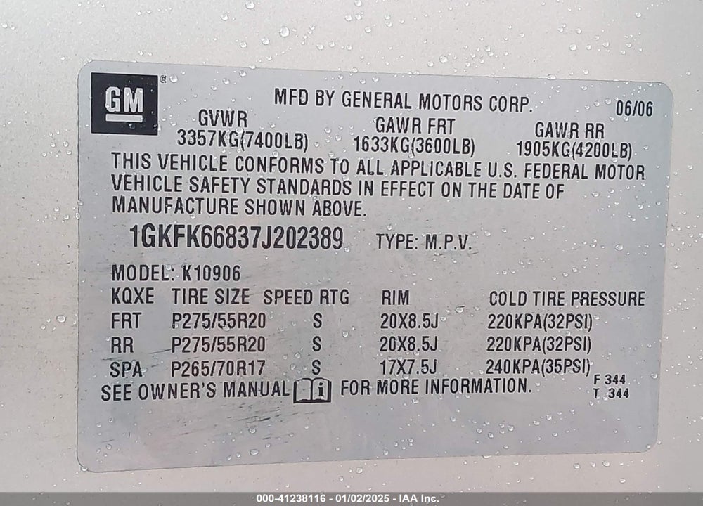 2007 GMC YUKON XL 1500 DENALI VIN: 1GKFK66837J202389