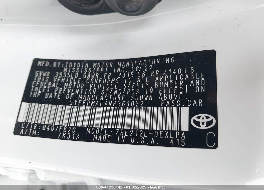 2022 TOYOTA COROLLA VIN: 5YFEPMAE4NP361022