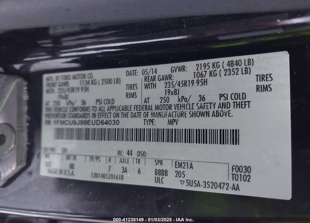 2014 FORD ESCAPE TITANIUM VIN: 1FMCU9J99EUD64030