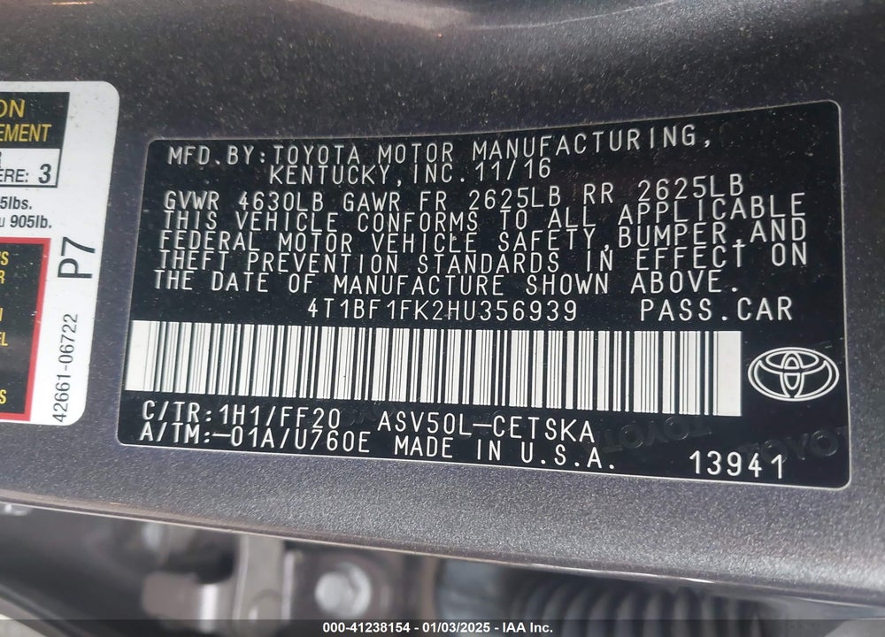 2017 TOYOTA CAMRY LE/XLE/SE/XSE VIN: 4T1BF1FK2HU356939