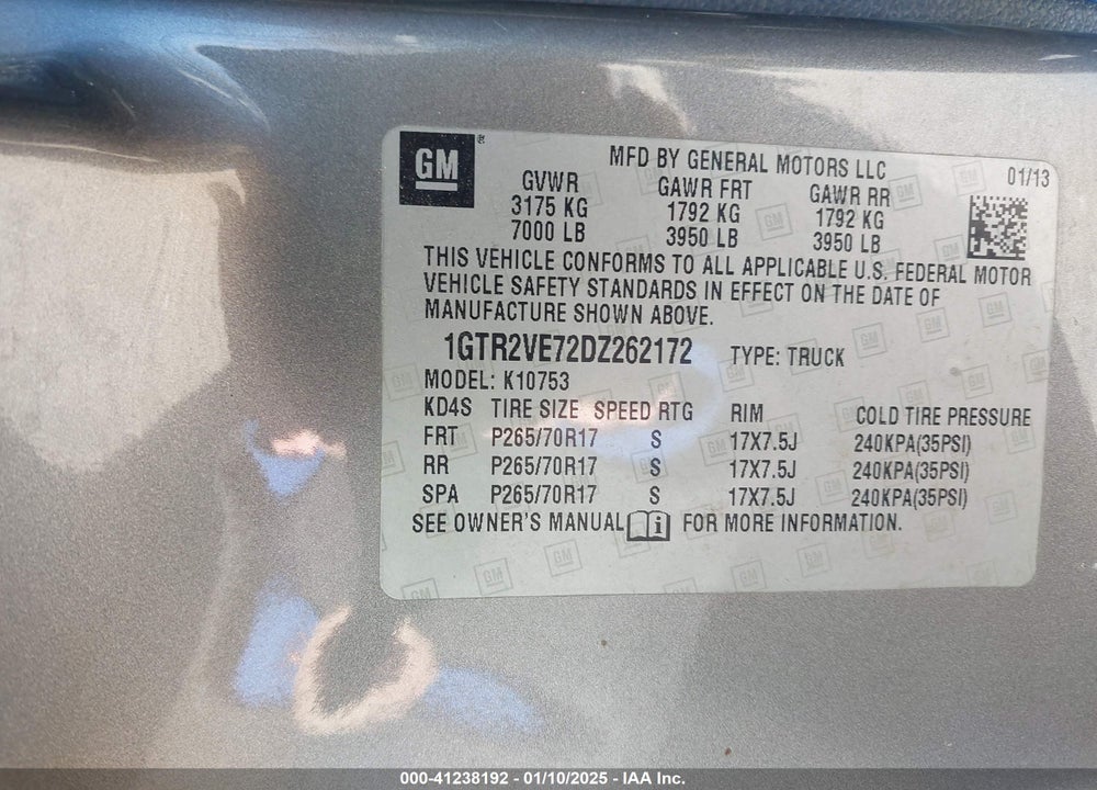 2013 GMC SIERRA 1500 SLE VIN: 1GTR2VE72DZ262172