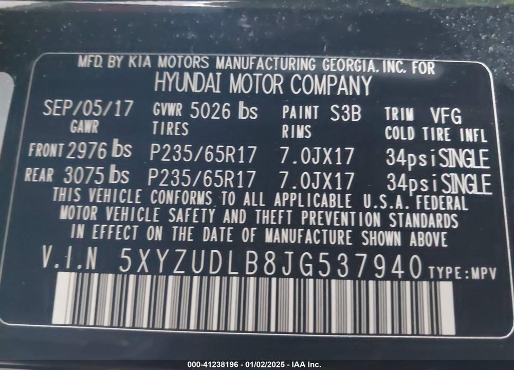 2018 HYUNDAI SANTA FE SPORT 2.4L VIN: 5XYZUDLB8JG537940