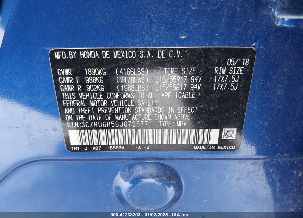 2018 HONDA HR-V VIN: 3CZRU6H56JG725771