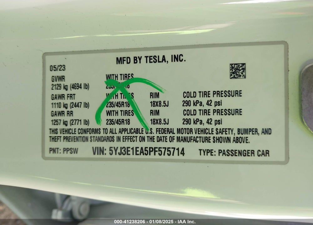 2023 TESLA MODEL 3 REAR-WHEEL DRIVE VIN: 5YJ3E1EA5PF575714