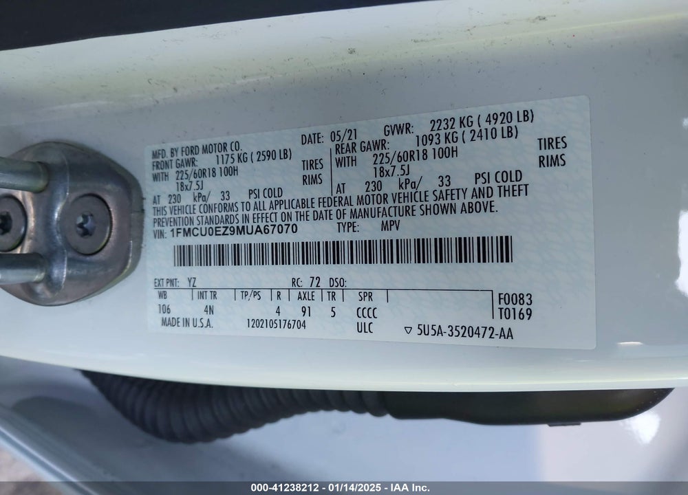 2021 FORD ESCAPE SE PLUG-IN HYBRID VIN: 1FMCU0EZ9MUA67070
