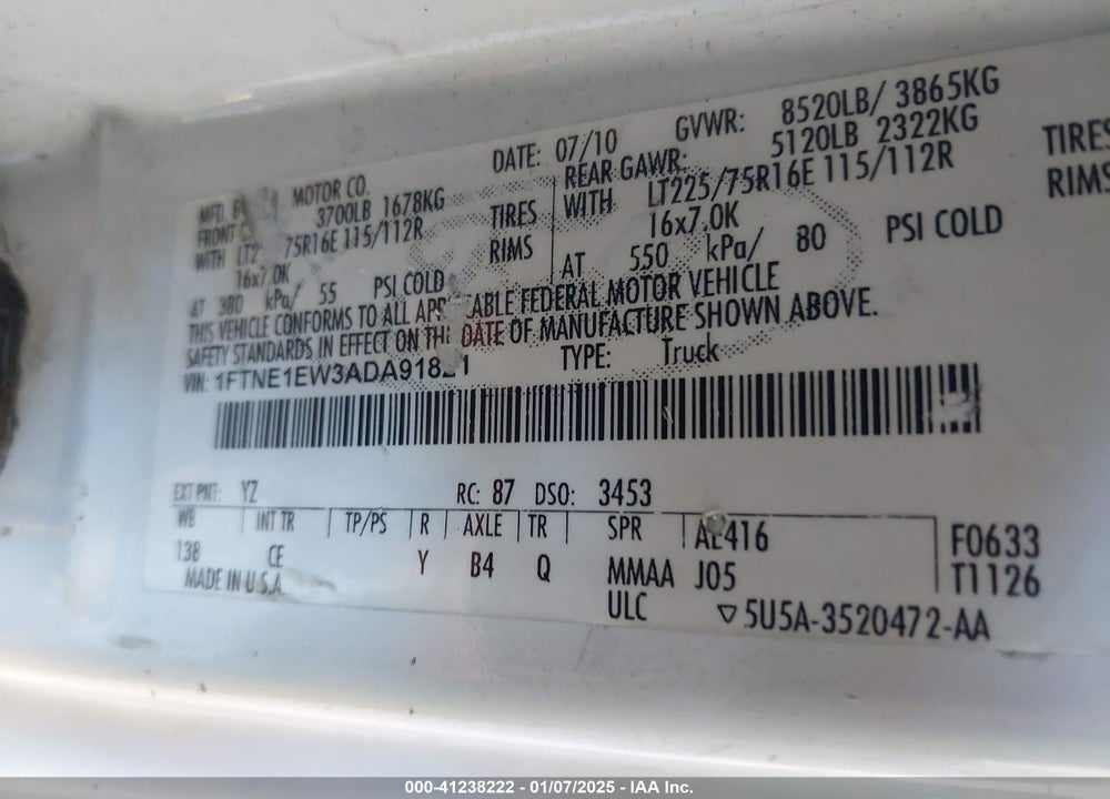 2010 FORD E-150 COMMERCIAL/RECREATIONAL VIN: 1FTNE1EW3ADA91821