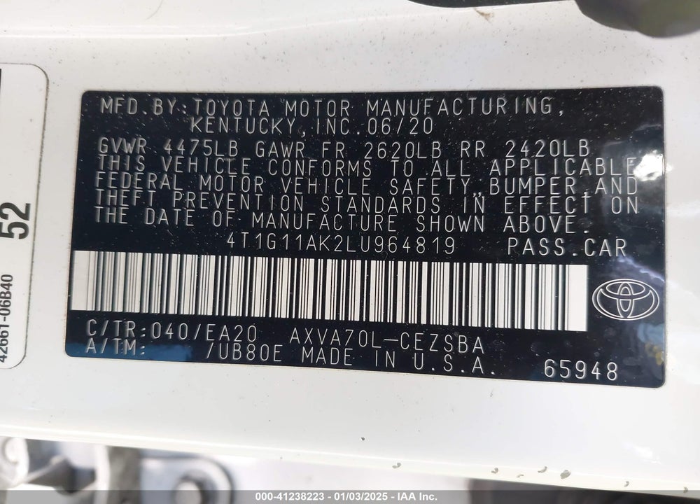 2020 TOYOTA CAMRY SE VIN: 4T1G11AK2LU964819