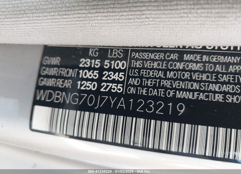 2000 MERCEDES-BENZ S 430 VIN: WDBNG70J7YA123219