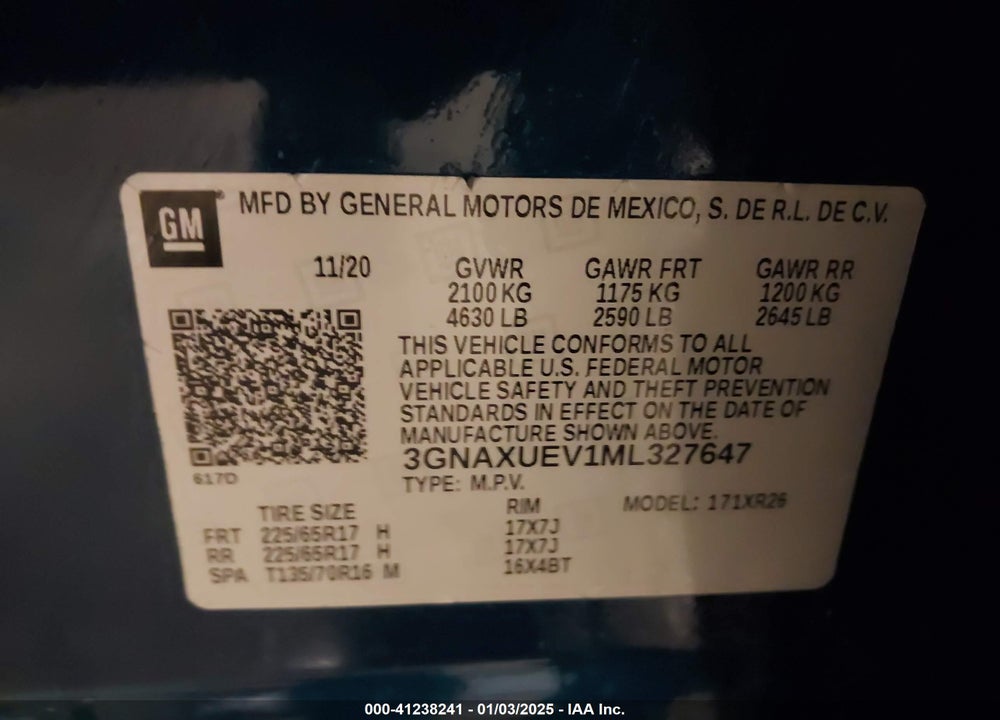2021 CHEVROLET EQUINOX AWD LT VIN: 3GNAXUEV1ML327647