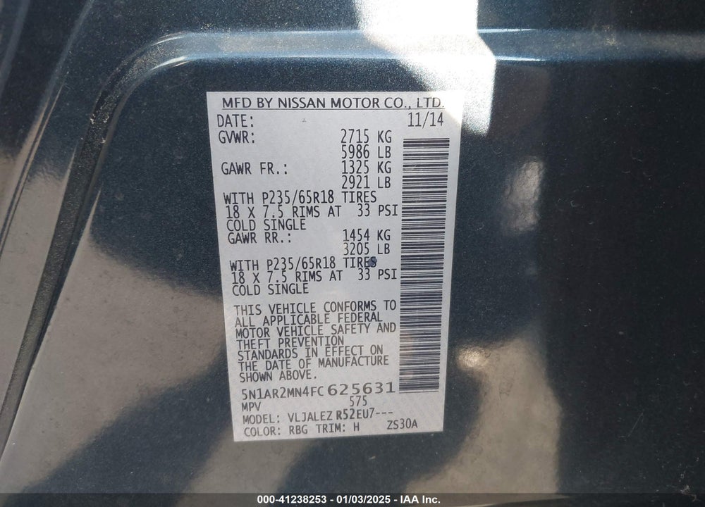 2015 NISSAN PATHFINDER PLATINUM/S/SL/SV VIN: 5N1AR2MN4FC625631