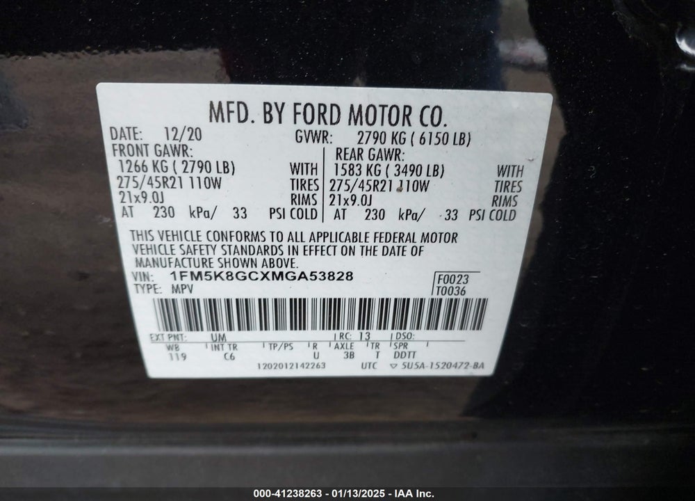 2021 FORD EXPLORER ST VIN: 1FM5K8GCXMGA53828