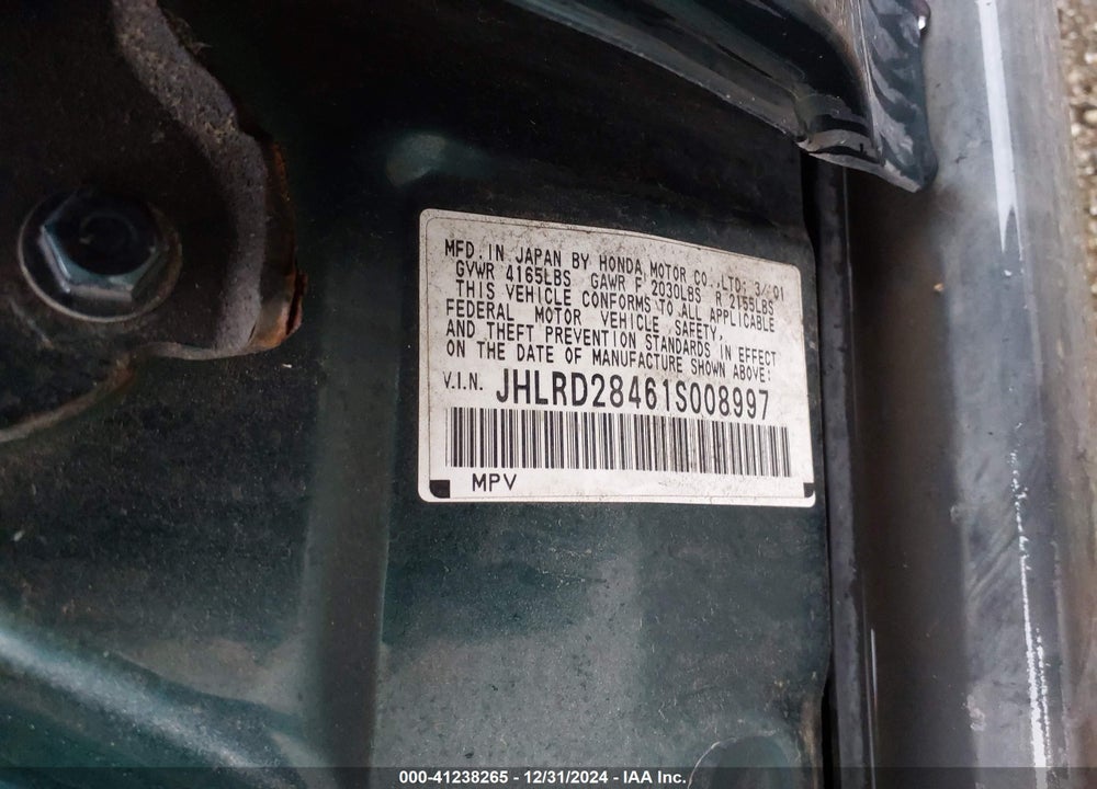 2001 HONDA CR-V LX VIN: JHLRD28461S008997