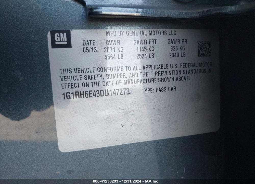 2013 CHEVROLET VOLT VIN: 1G1RH6E43DU147273