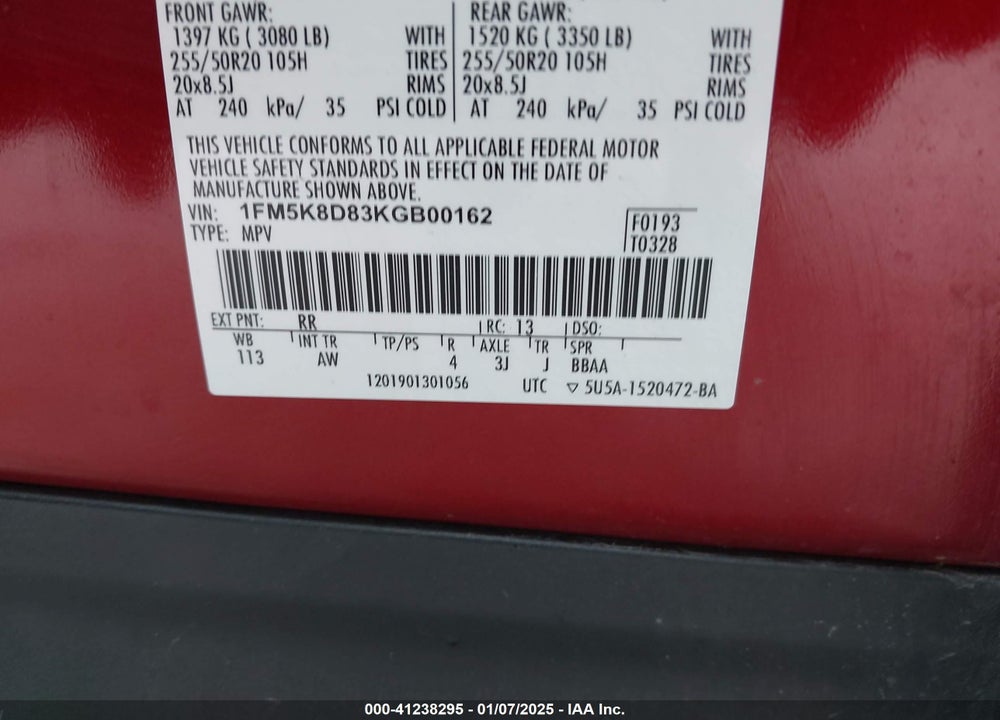 2019 FORD EXPLORER XLT VIN: 1FM5K8D83KGB00162