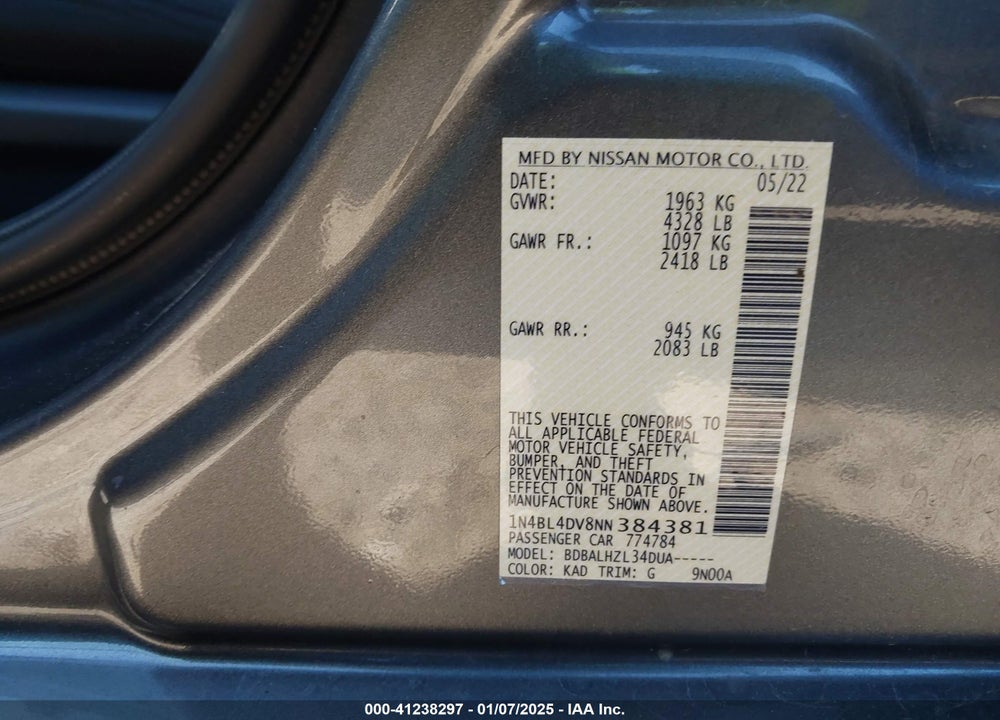 2022 NISSAN ALTIMA SV FWD VIN: 1N4BL4DV8NN384381