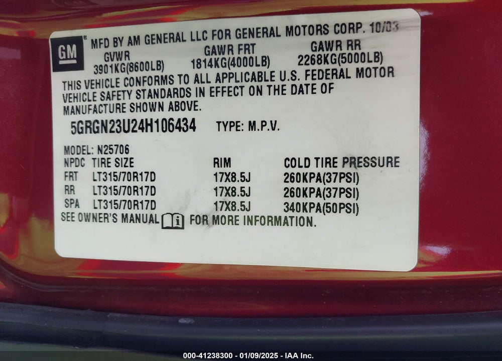 2004 HUMMER H2 VIN: 5GRGN23U24H106434
