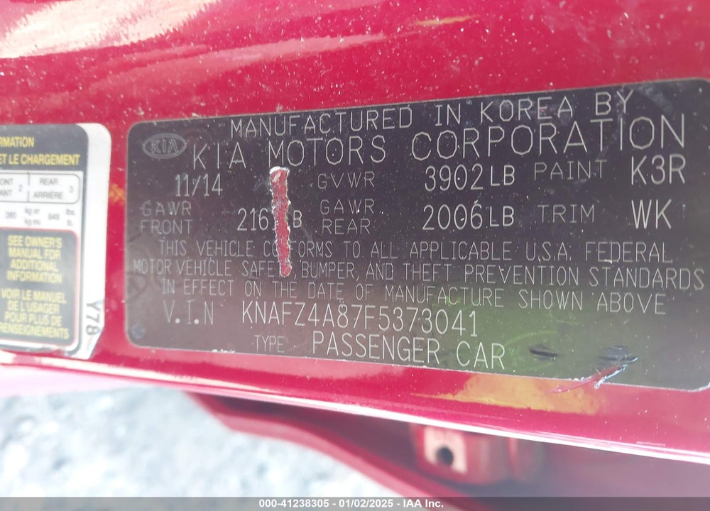 2015 KIA FORTE VIN: KNAFZ4A87F5373041