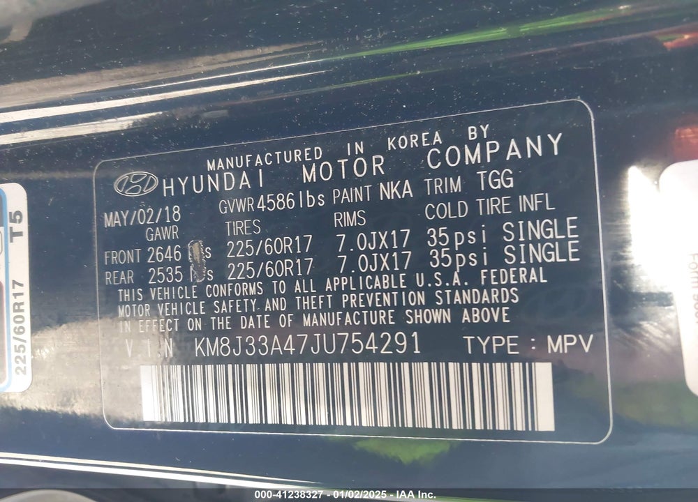 2018 HYUNDAI TUCSON VIN: KM8J33A47JU754291