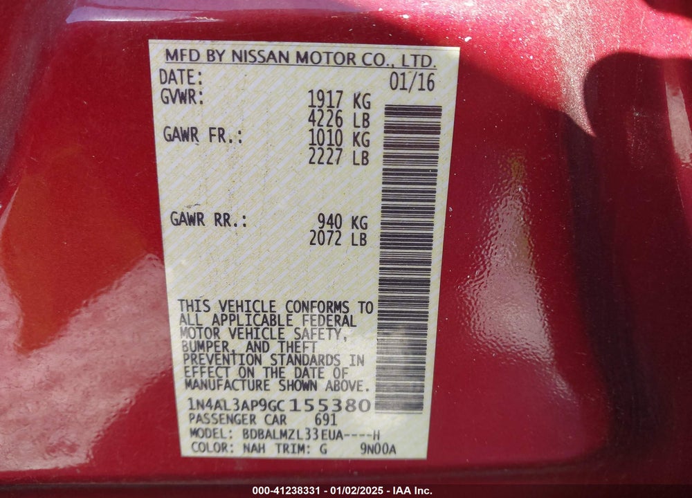 2016 NISSAN ALTIMA VIN: 1N4AL3AP9GC155380